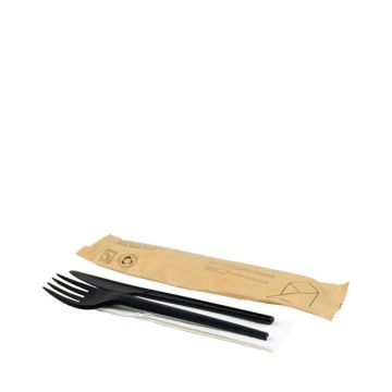 Re-usable cutlery set black knife/fork/napkin