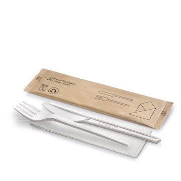 Re-usable CPLA cutlery set white knife/fork/napkin