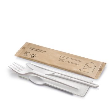 Re-usable CPLA cutlery set white fork/knife/dessert spoon/napkin