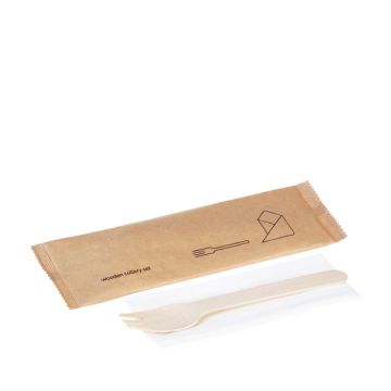 FSC® wooden cutlery set fork + napkin